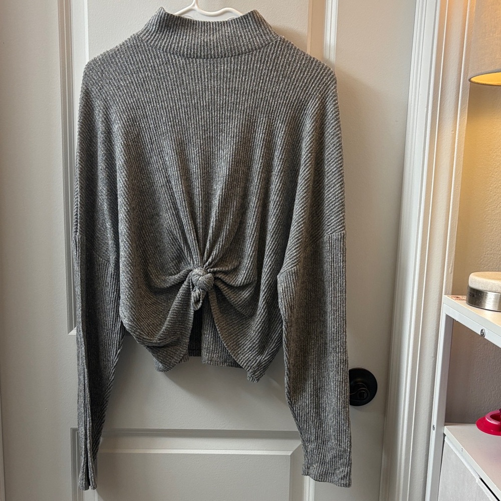 Derek Heart Gray Ribbed Twist-Front Mockneck Sweater